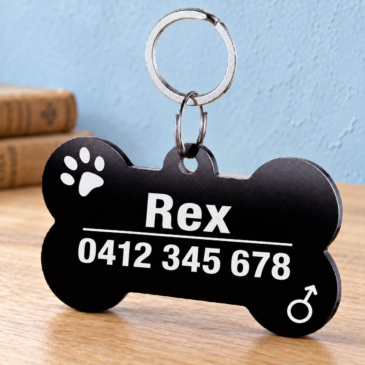Black Classic Bone engraved pet ID tag sample with Australian mobile number
