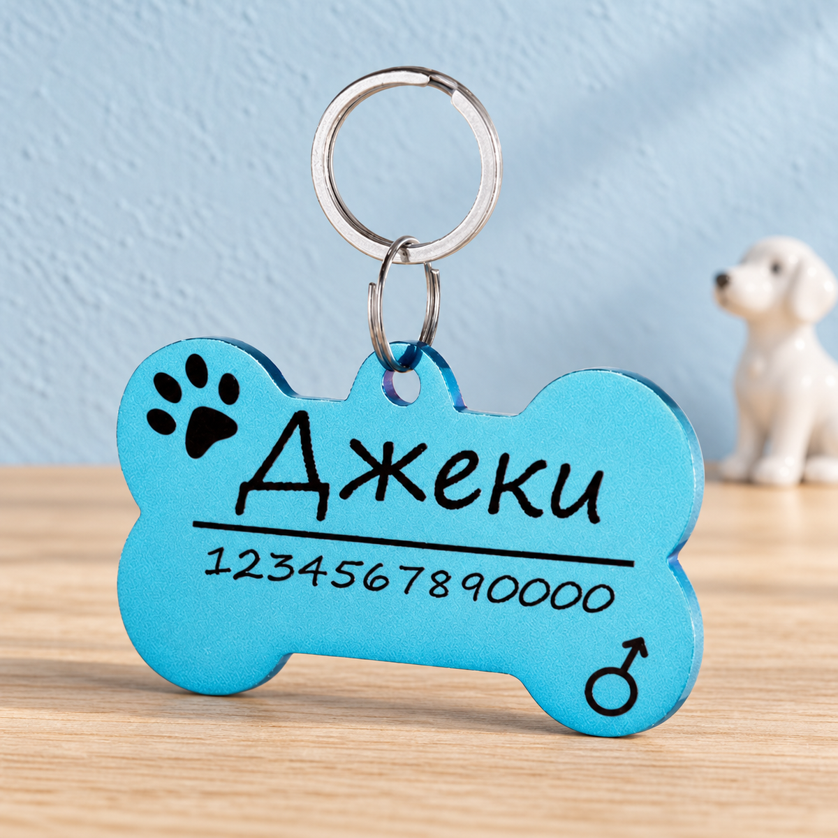 Blue classic bone engraved pet ID tag on light oak with pale blue wall