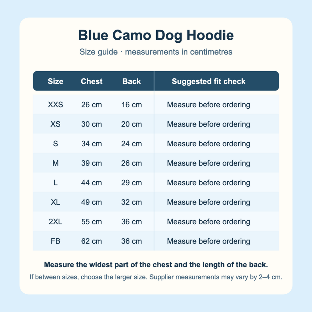 Blue camo dog hoodie size guide in centimetres