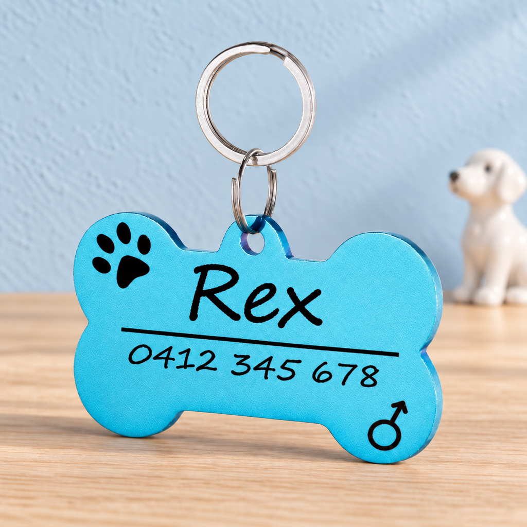 Blue Classic Bone engraved pet ID tag sample with Australian mobile number