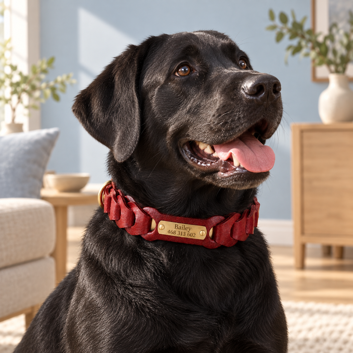 Black Labrador wearing a red braided leather collar with engraved Bailey nameplate