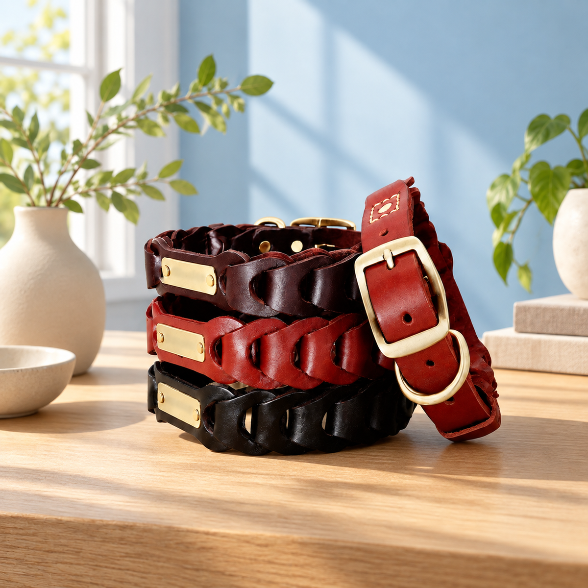Four braided leather dog collars in brown and red in a blue sunlit home