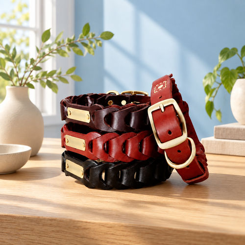 Four braided leather dog collars in brown and red in a blue sunlit home