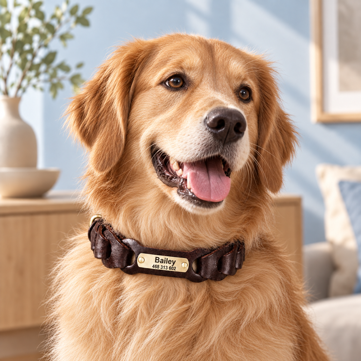 Golden Retriever wearing a brown braided leather collar with engraved Bailey nameplate