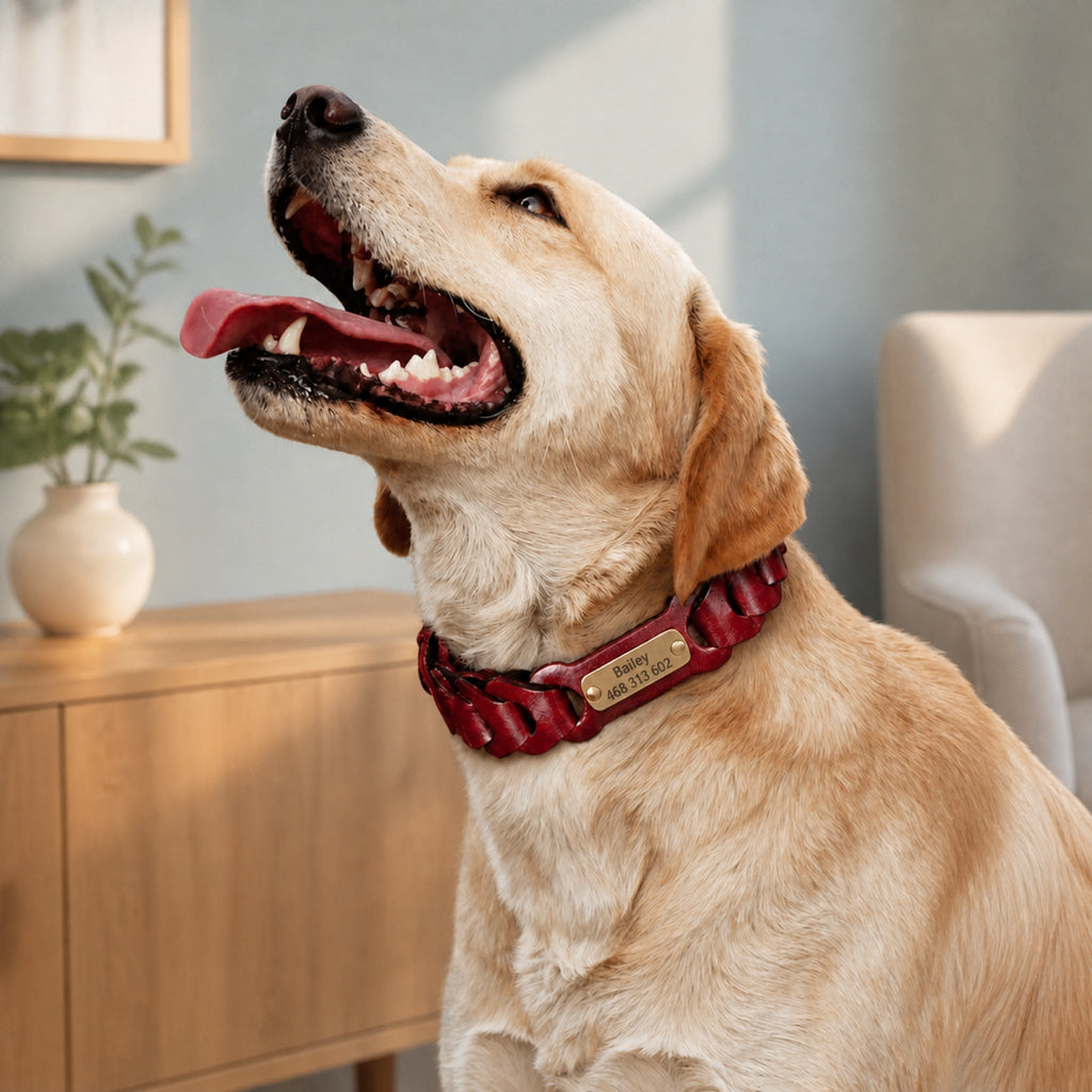 Golden retriever wearing a red braided leather collar with engraved nameplate