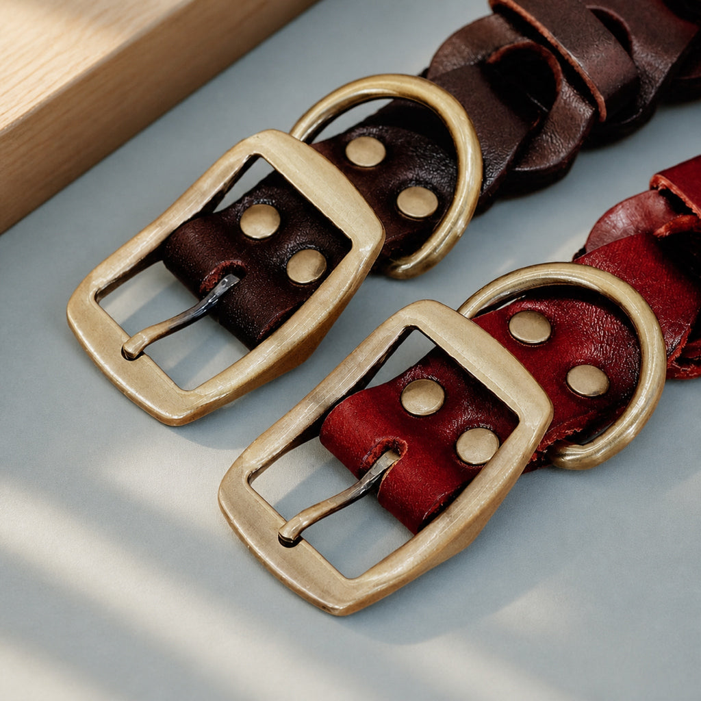 Brass buckle and D-ring detail on brown and red braided leather dog collars