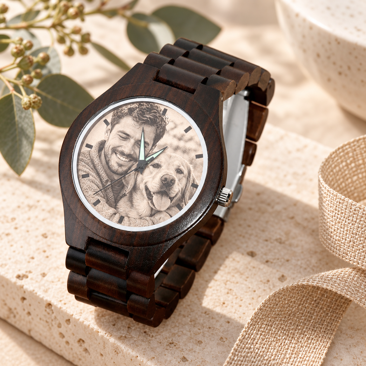 Personalised dark wooden photo watch featuring a man and his dog on the watch face