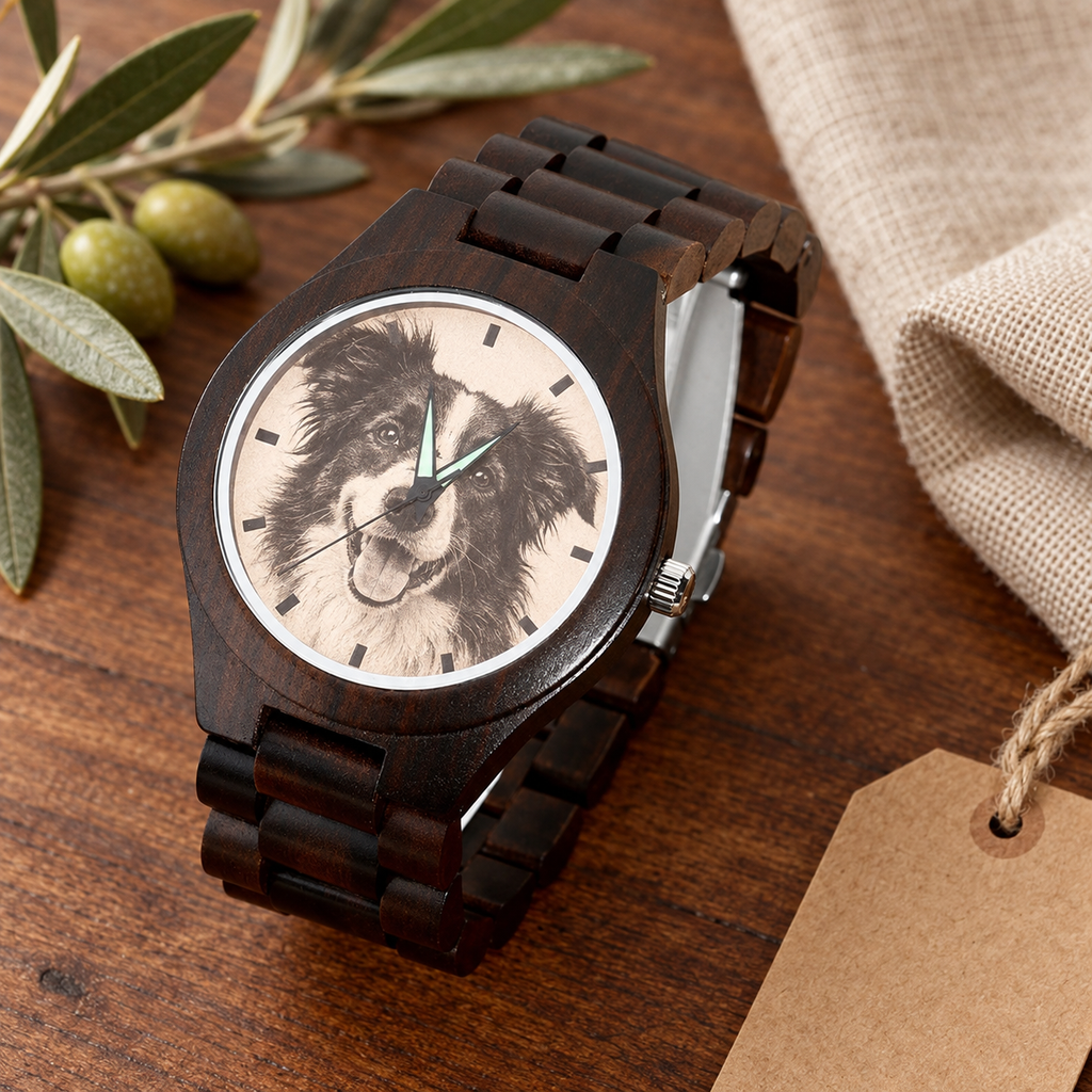 Personalised dark wooden photo watch featuring a dog portrait on the watch face