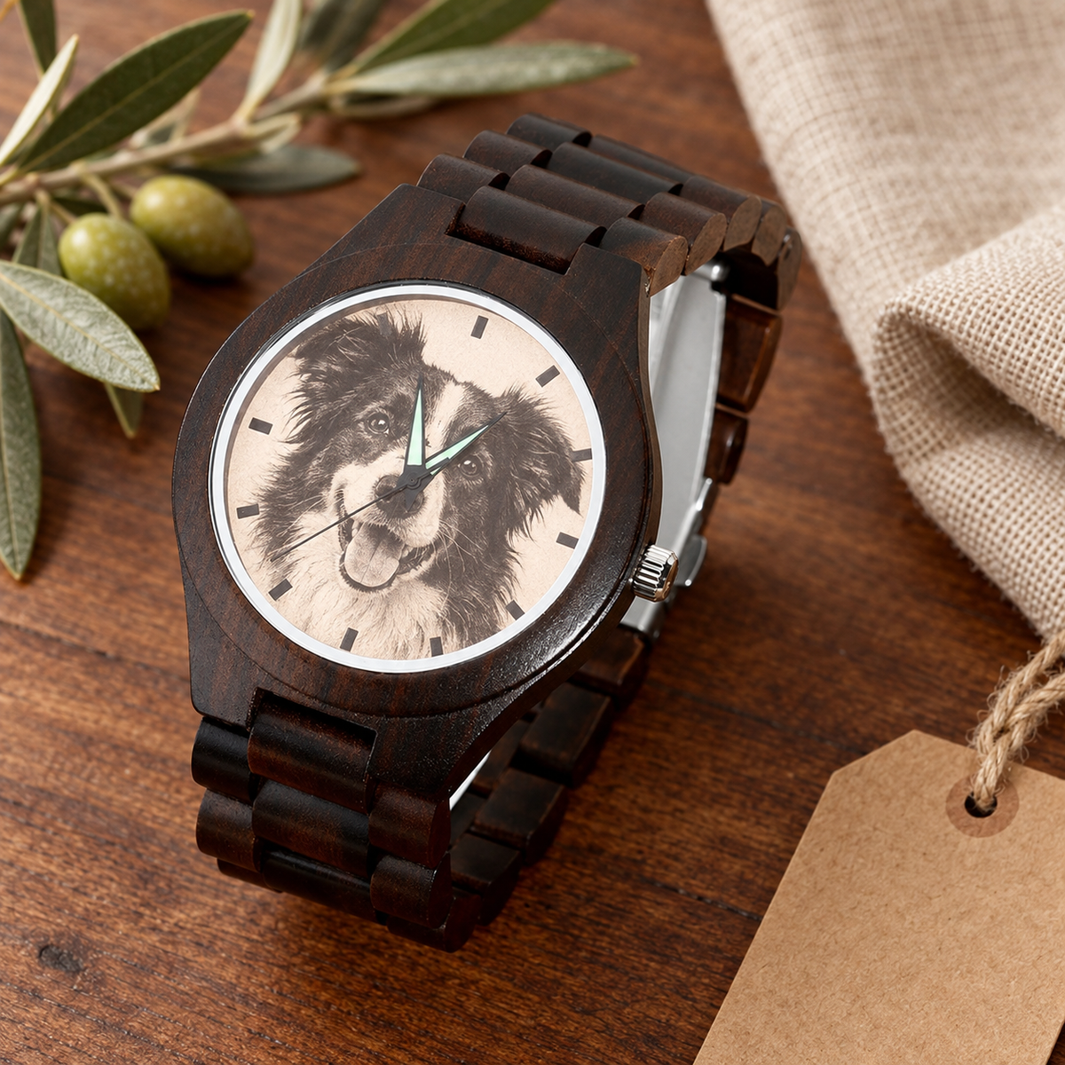 Personalised dark wooden photo watch featuring a dog portrait on the watch face