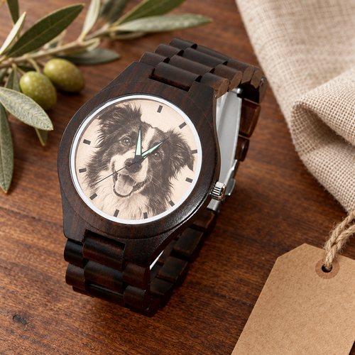 Personalised dark wooden photo watch featuring a dog portrait on the watch face