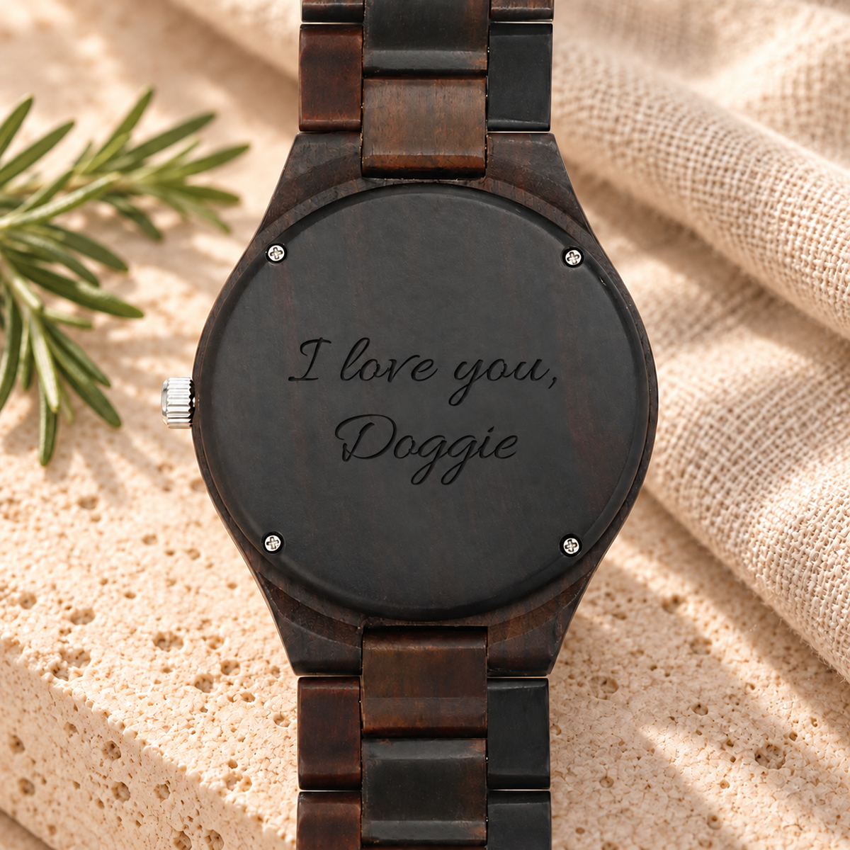 Rear of personalised dark wooden photo watch engraved with I love you, Doggie