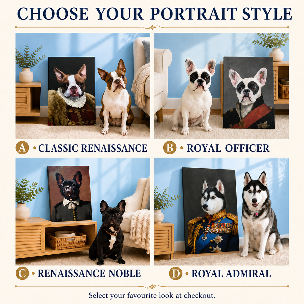 Choose Your Portrait Style guide showing Classic Renaissance, Royal Officer, Renaissance Noble and Royal Admiral