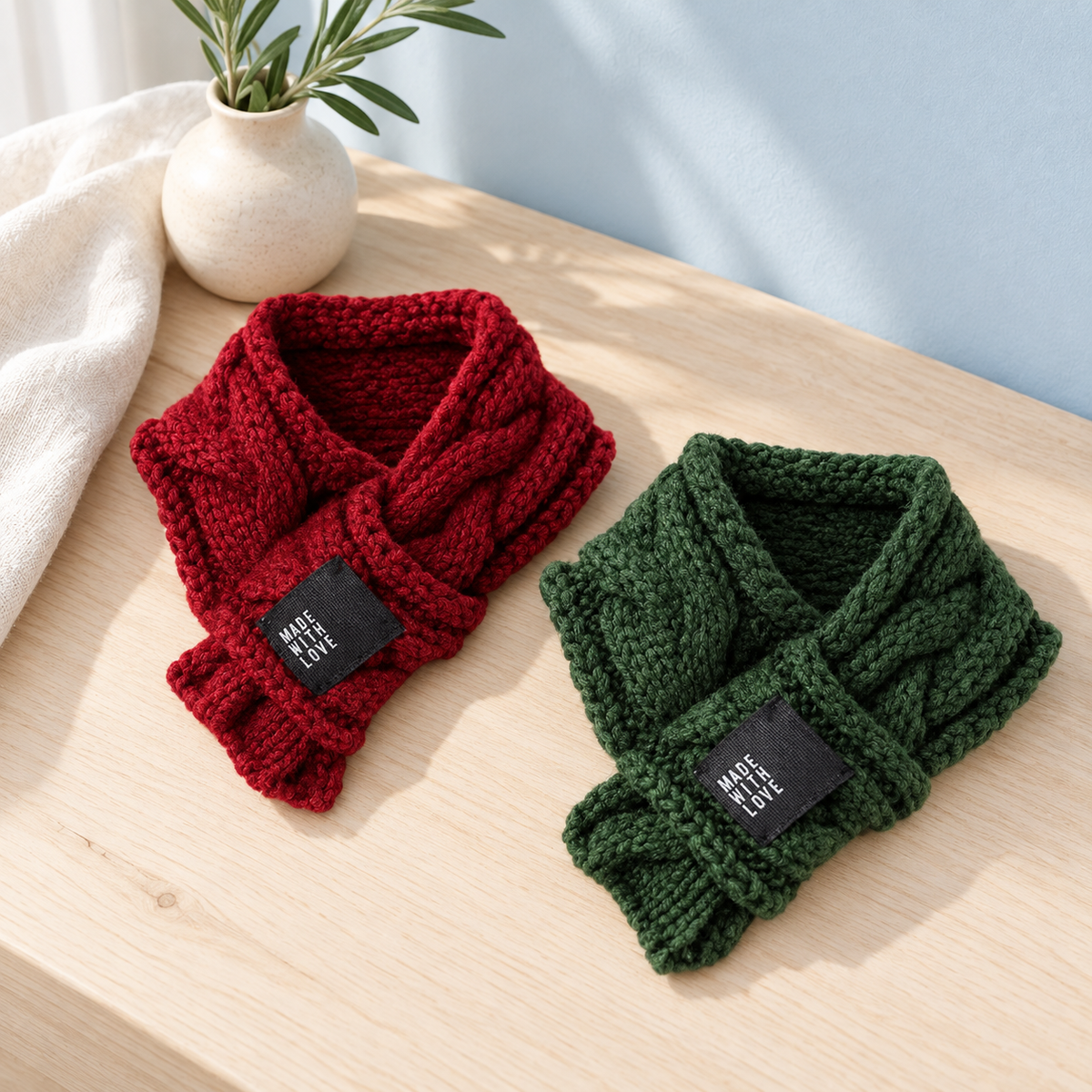 Red and green Countryside Bow Pet Scarves on pale timber in natural light