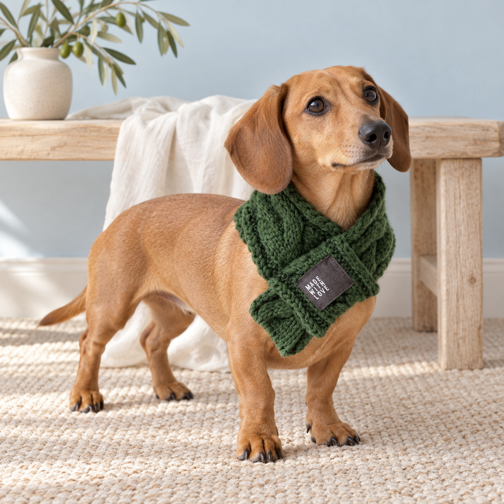 Tan dachshund wearing the green Countryside Bow Pet Scarf