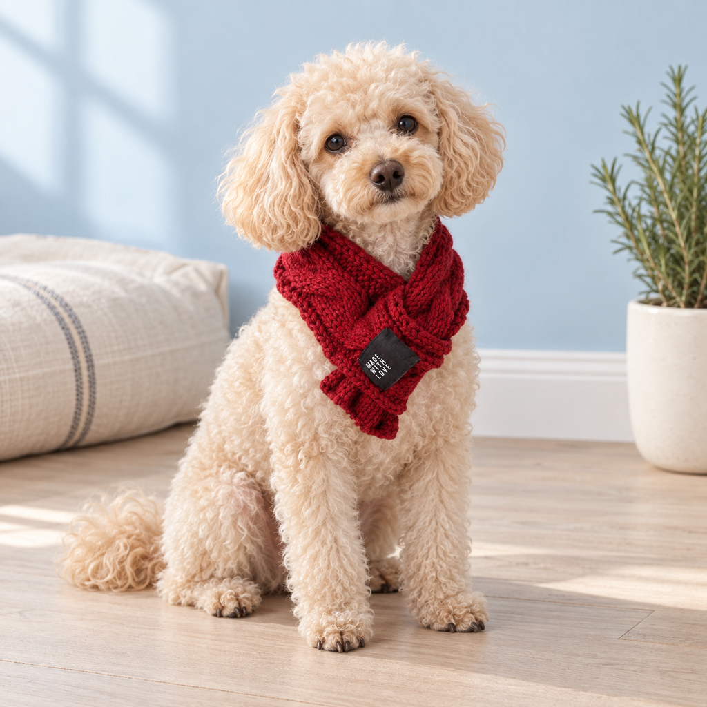 Cream poodle wearing the red Countryside Bow Pet Scarf