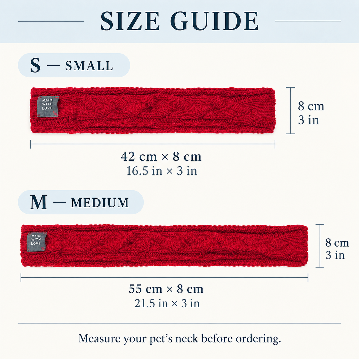 The Countryside Bow Pet Scarf size guide: S 42 × 8 cm and M 55 × 8 cm