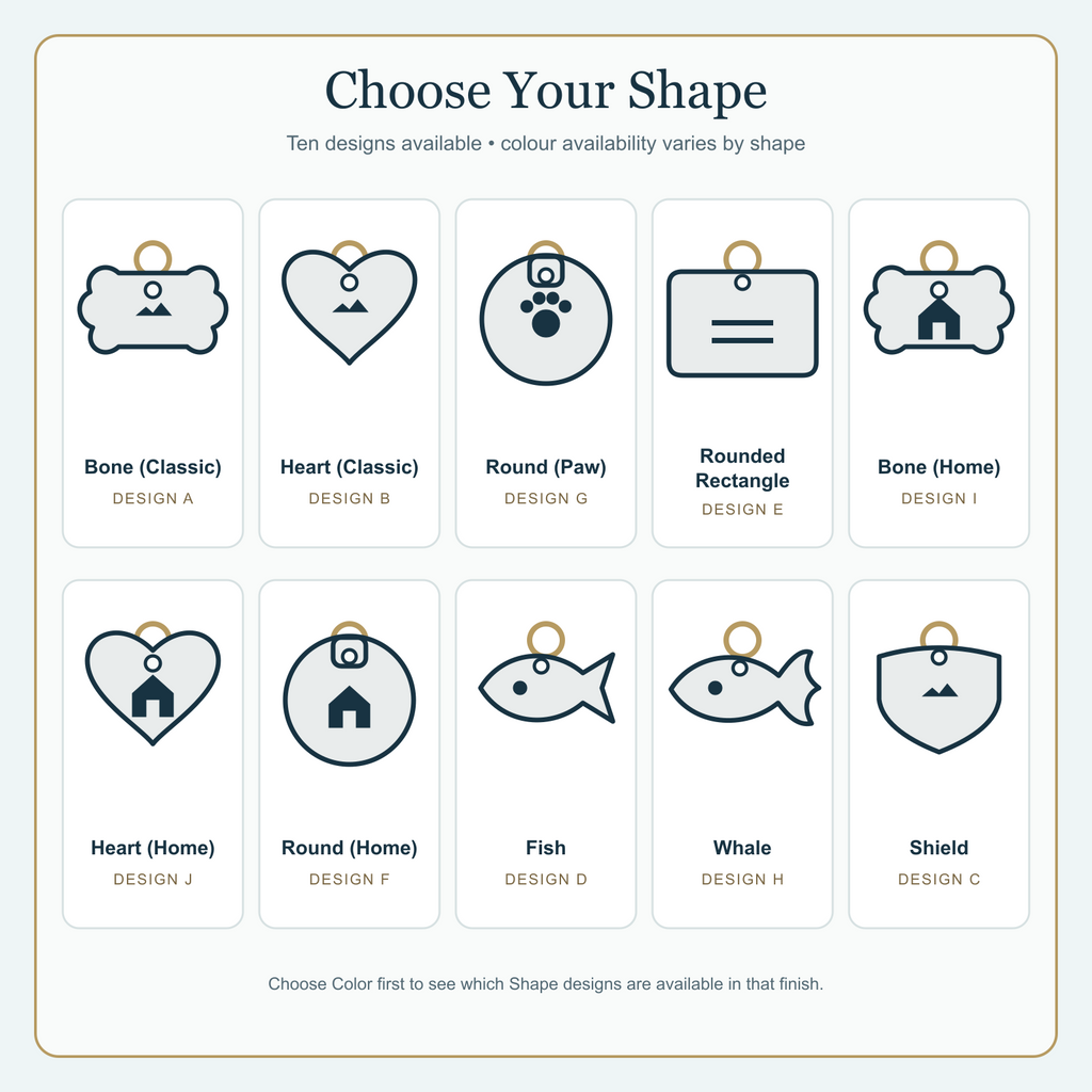Choose Your Shape guide showing all ten engraved pet ID tag designs