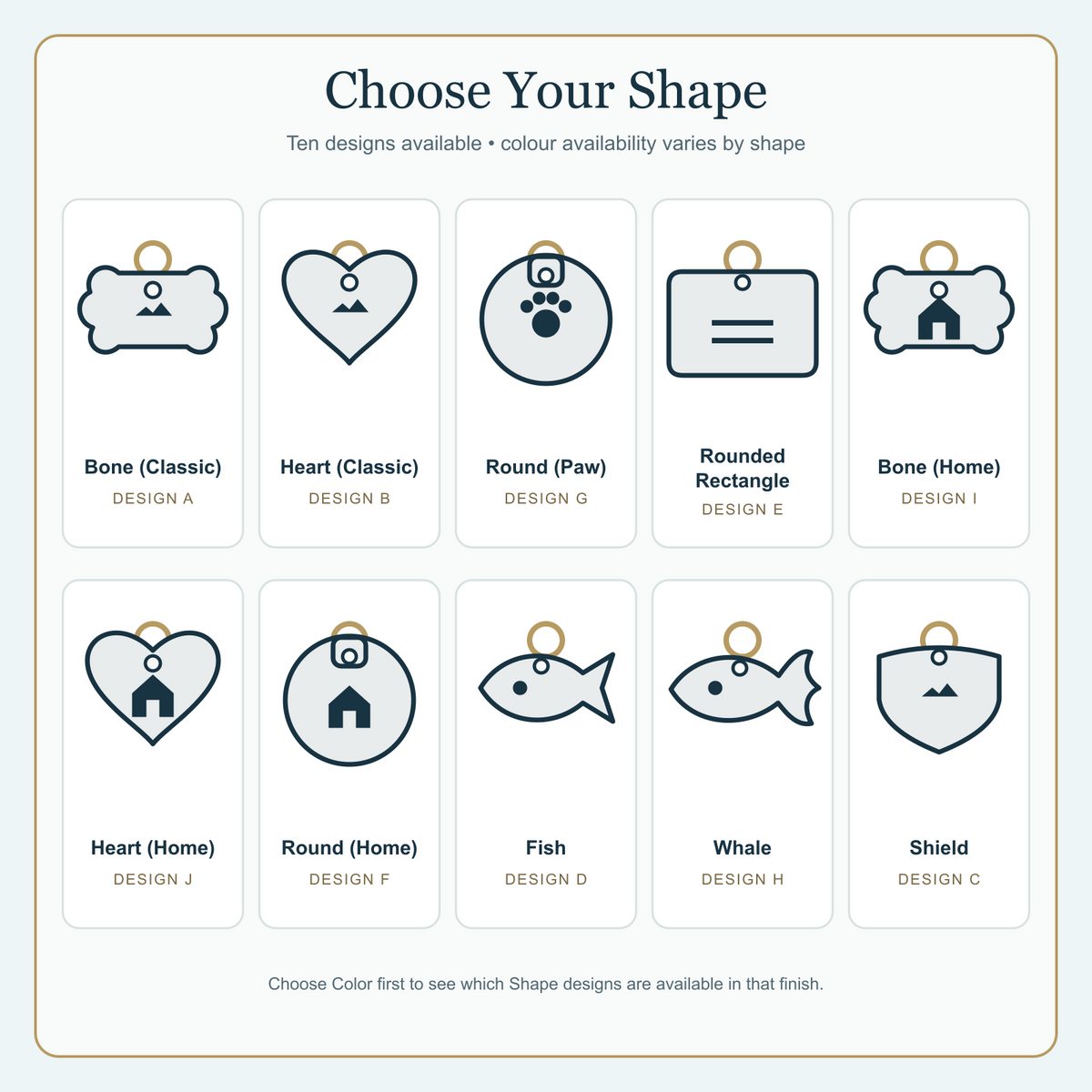 Choose Your Shape guide showing all ten engraved pet ID tag designs