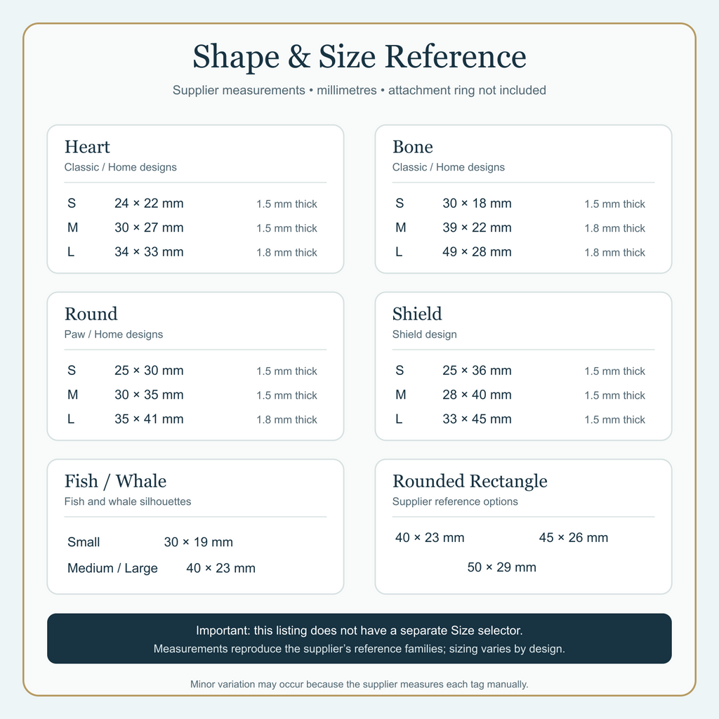 Supplier shape and size reference for engraved pet ID tags in millimetres