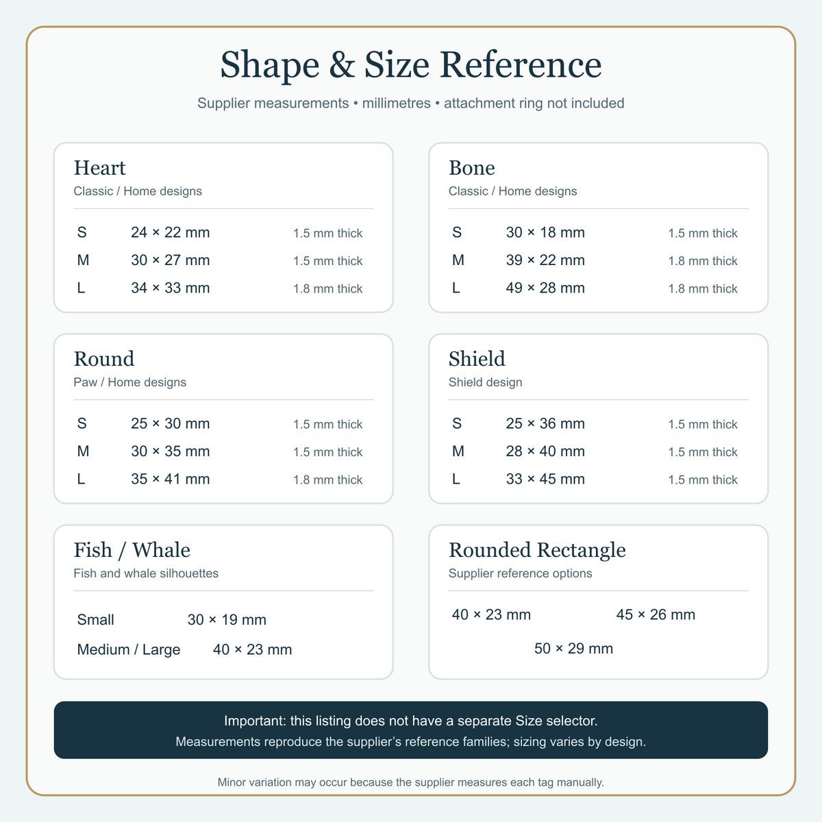 Supplier shape and size reference for engraved pet ID tags in millimetres