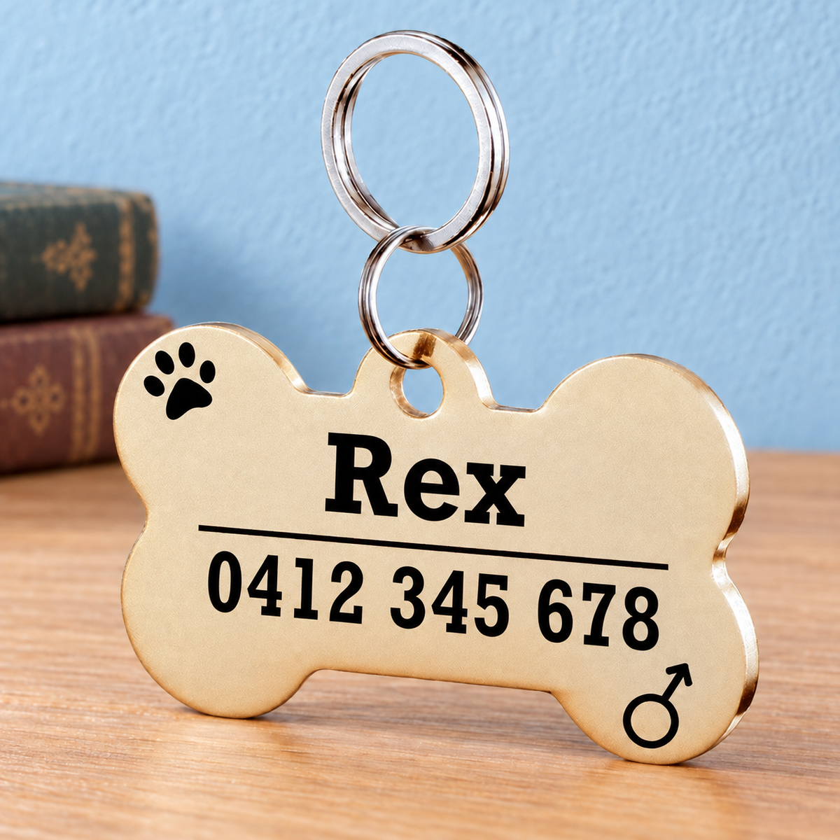 Gold Classic Bone engraved pet ID tag sample with Australian mobile number