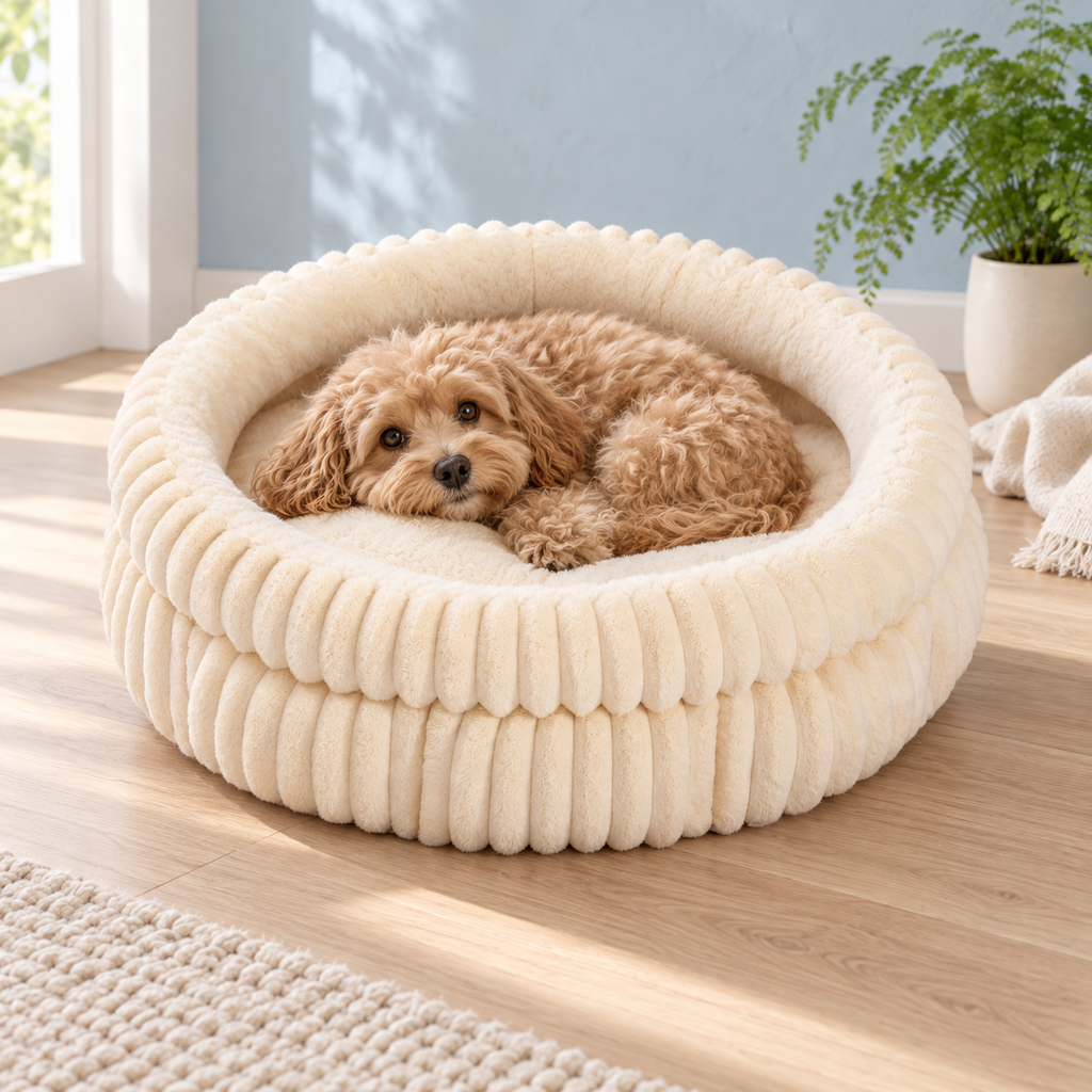 The Heritage Nest ribbed plush pet bed in Beige with a small dog