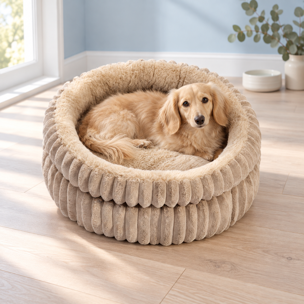 The Heritage Nest ribbed plush pet bed in Coffee with a small dog