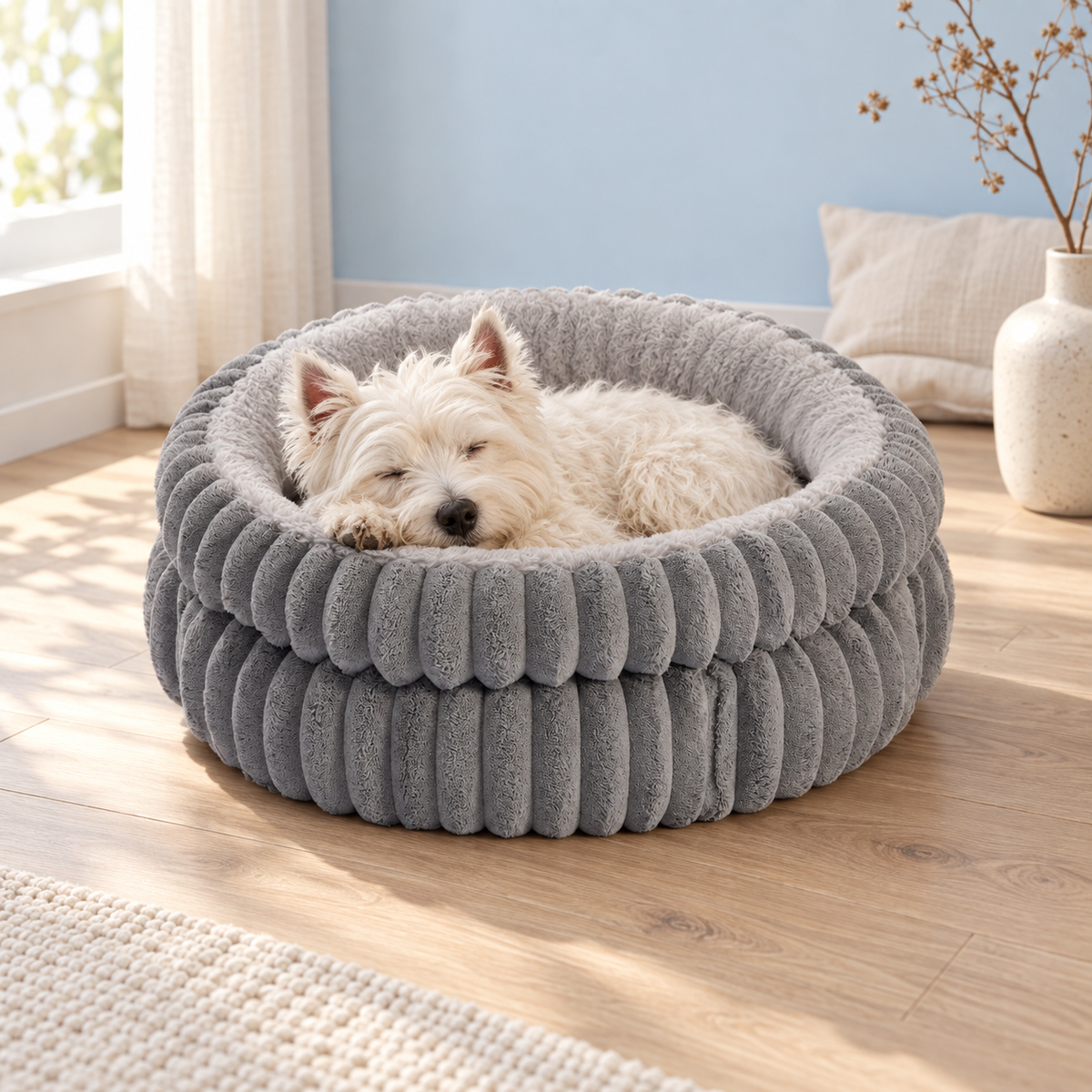 The Heritage Nest ribbed plush pet bed in Gray with a small dog