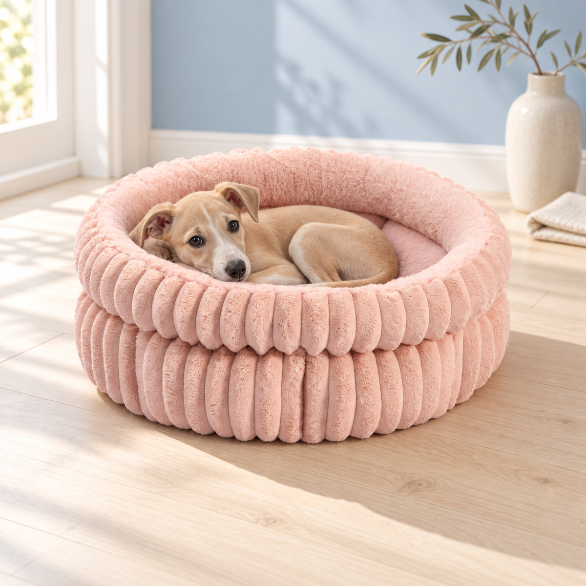 The Heritage Nest ribbed plush pet bed in Pink with a small dog