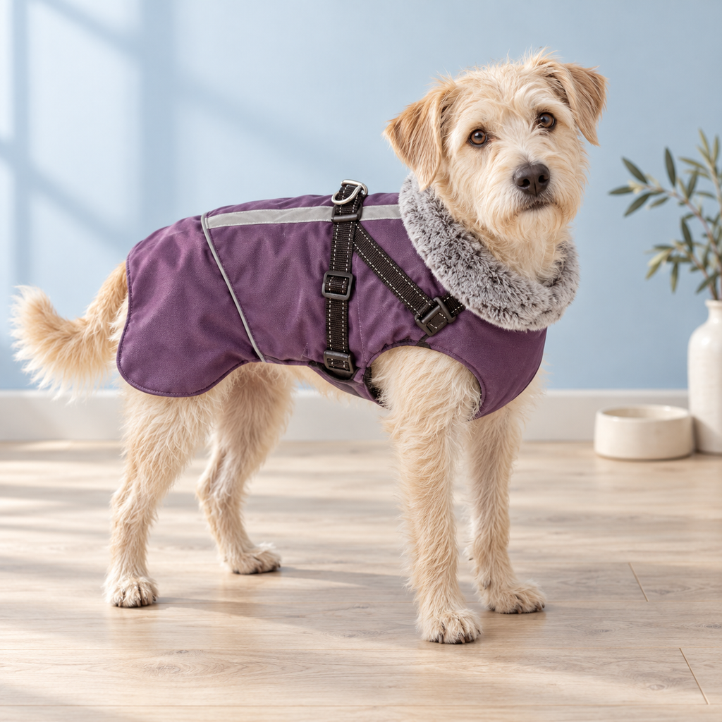 Cream terrier wearing the purple Huntsman waterproof dog jacket