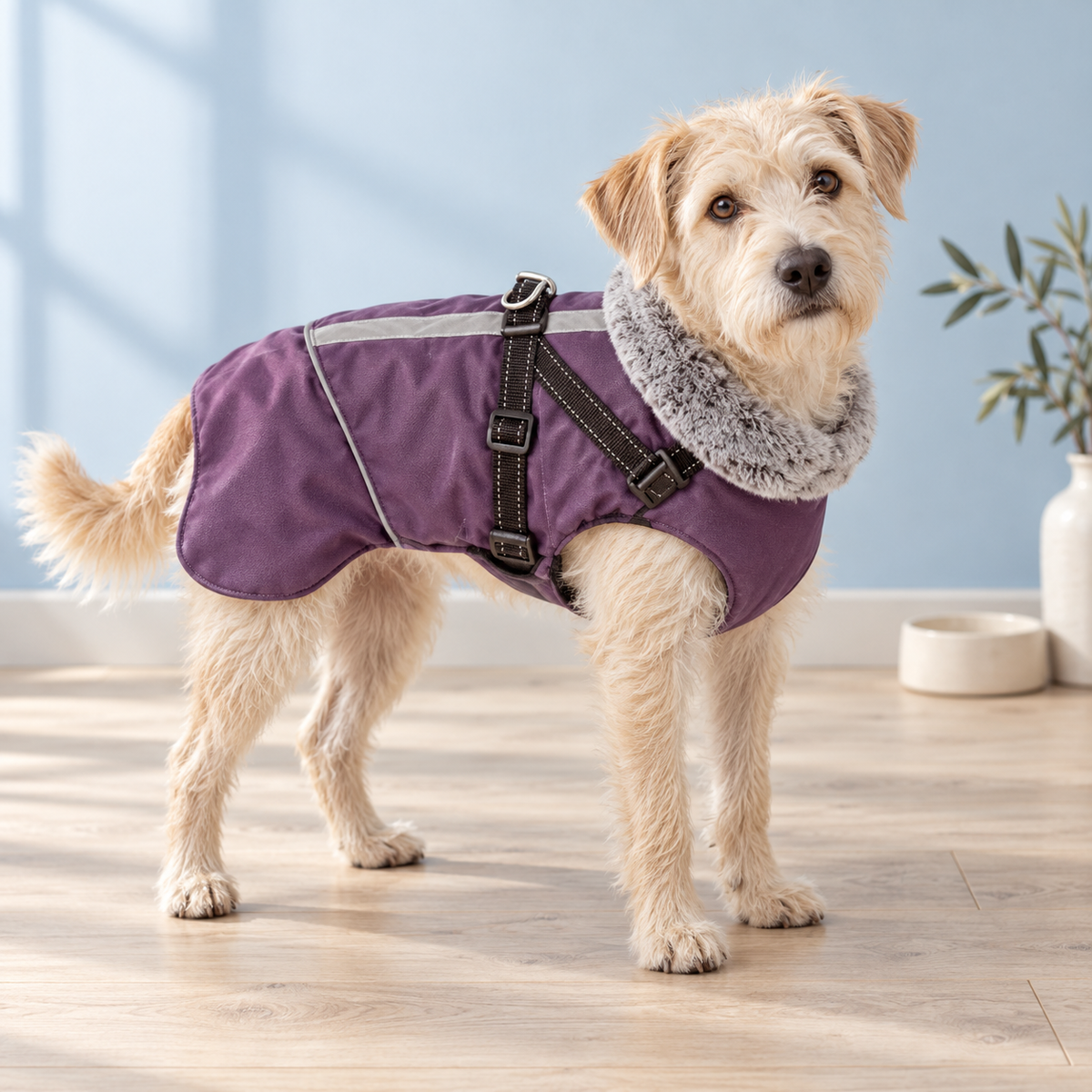 Cream terrier wearing the purple Huntsman waterproof dog jacket