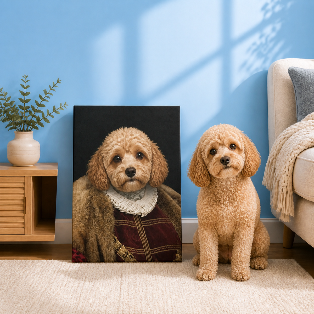 Cavoodle Classic Renaissance pet portrait example with burgundy tunic, fur mantle and white ruff collar