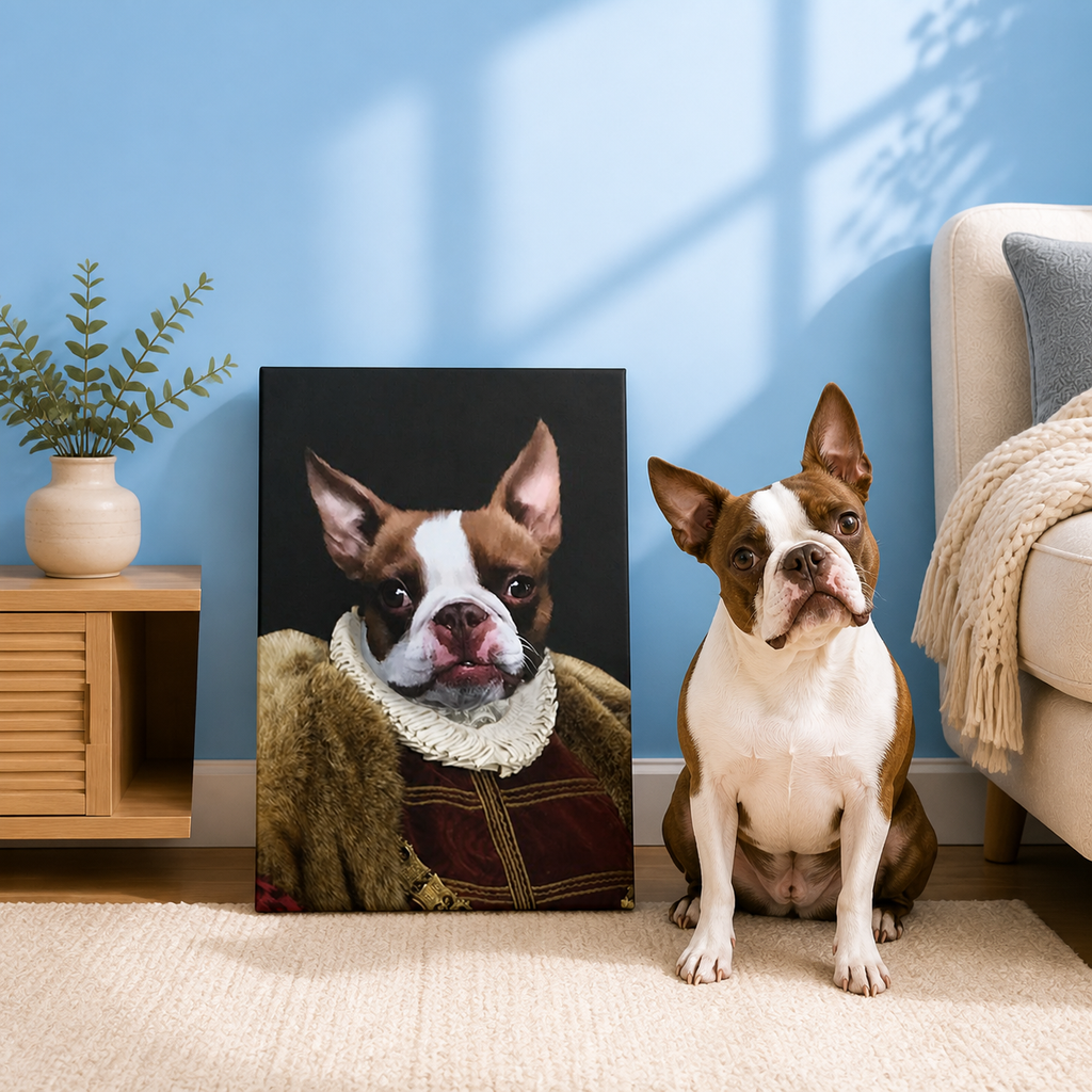 Classic Renaissance pet portrait style with burgundy tunic, fur mantle and white ruff collar
