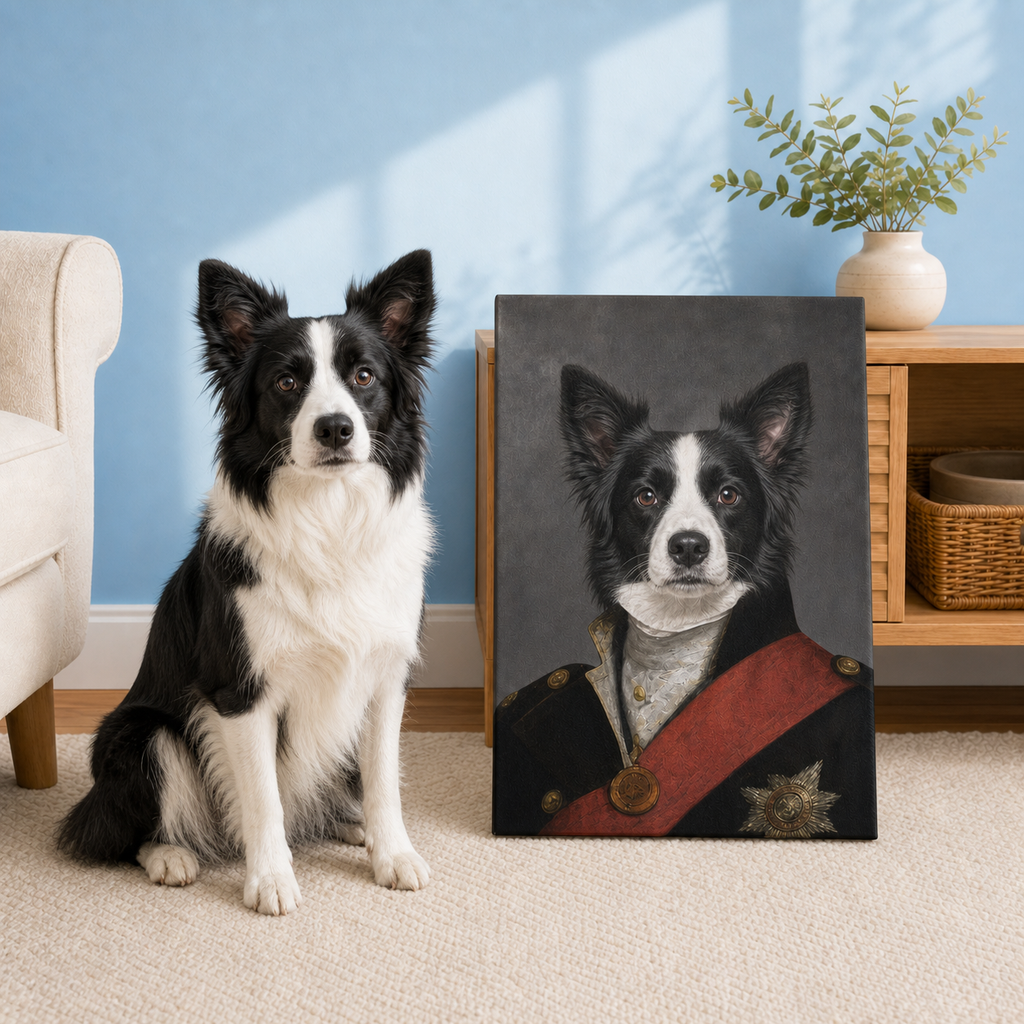 Border Collie Royal Officer pet portrait example with black coat, red sash and medallion