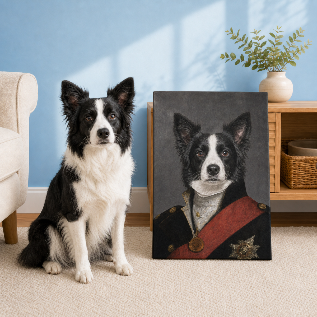 Border Collie Royal Officer pet portrait example with black coat, red sash and medallion