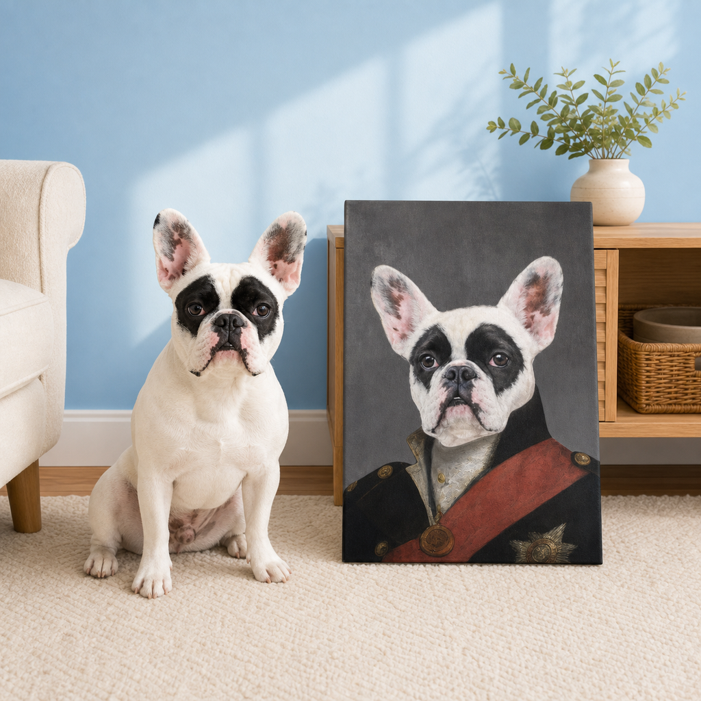 Royal Officer pet portrait style with black officer coat, red sash and medallion