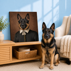 German Shepherd Renaissance Noble pet portrait example with black court coat, ivory collar and gold buttons