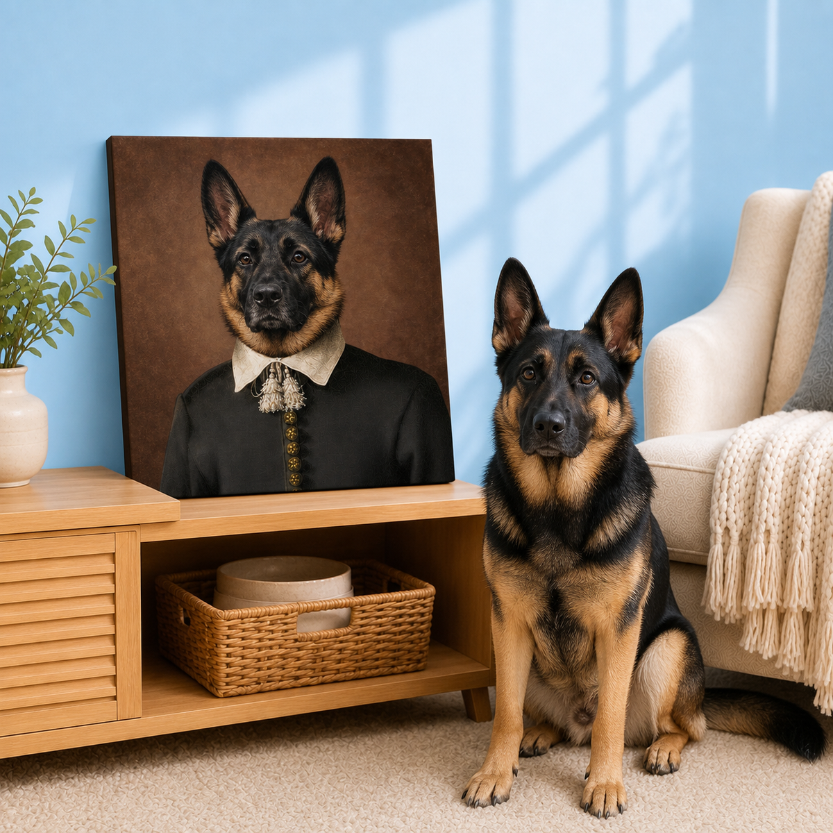 German Shepherd Renaissance Noble pet portrait example with black court coat, ivory collar and gold buttons