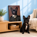 Renaissance Noble pet portrait style with black court coat and ornate pale cravat