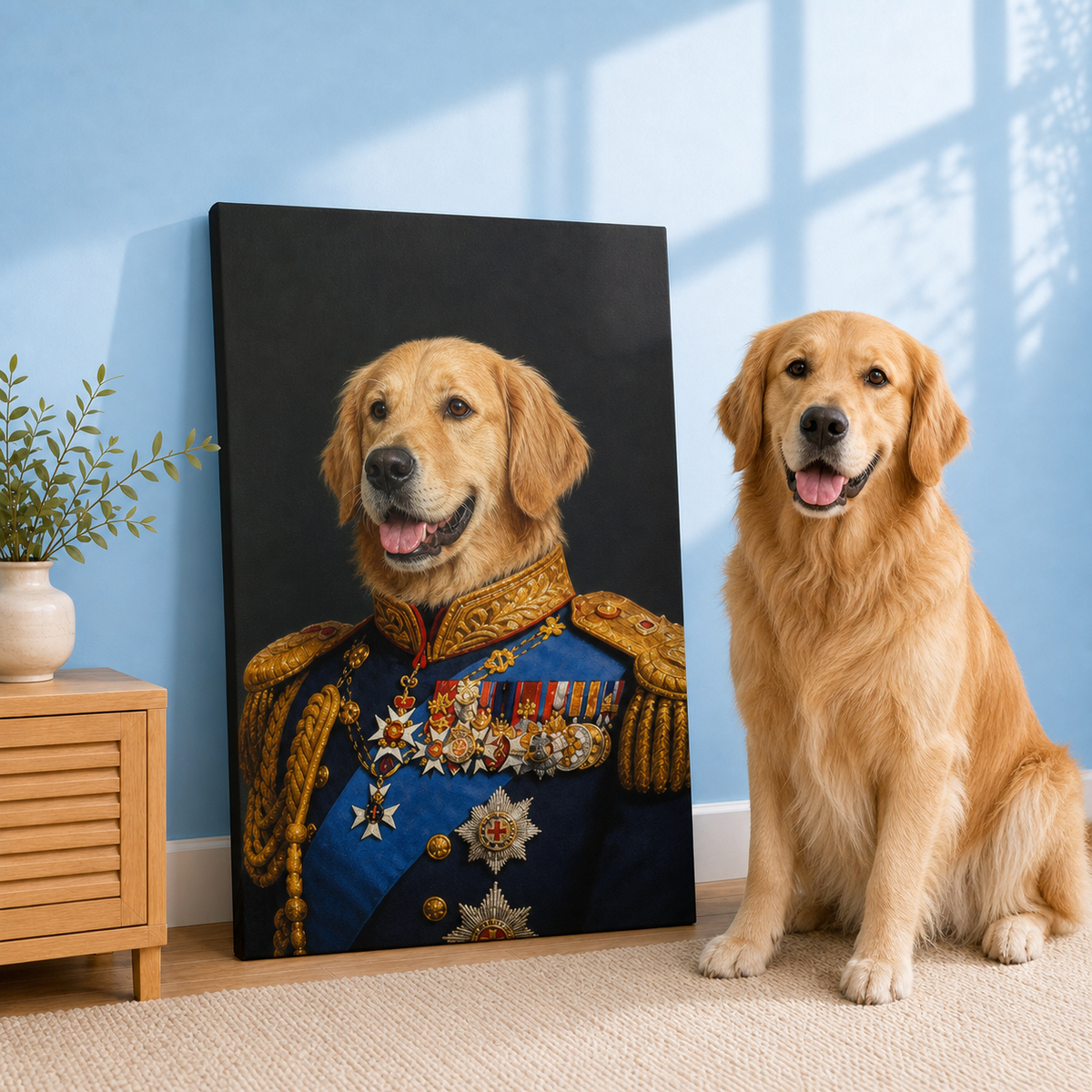 Golden Retriever Royal Admiral pet portrait example with blue admiral coat, gold epaulettes and medals