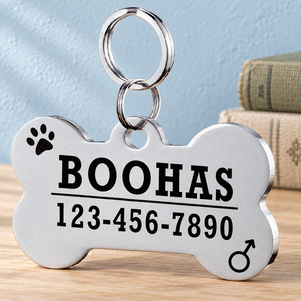 Silver classic bone engraved pet ID tag on light oak with vintage books