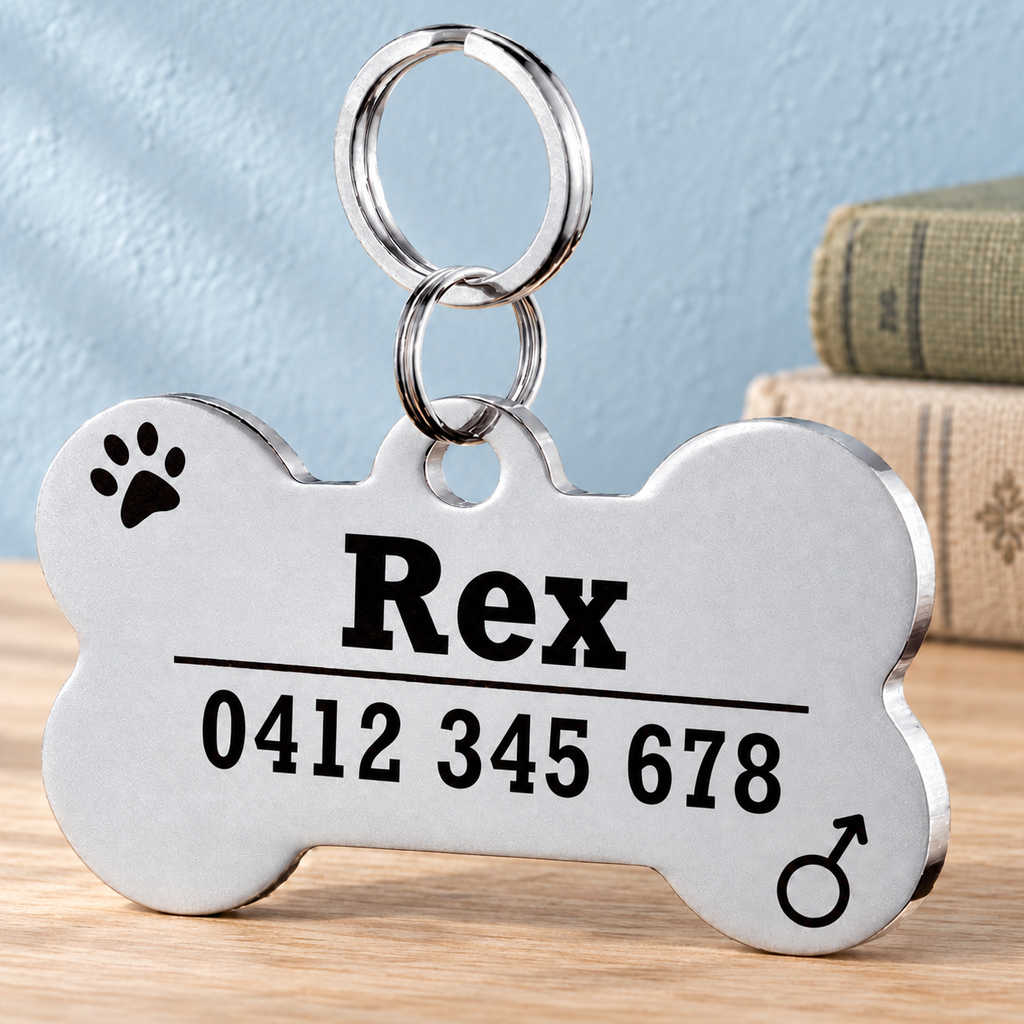Silver Classic Bone engraved pet ID tag sample with Australian mobile number