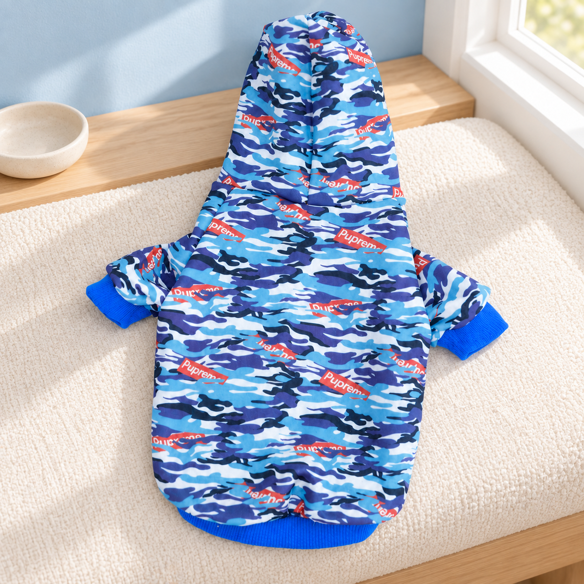Blue camouflage dog hoodie laid flat on an ivory window seat, full back view