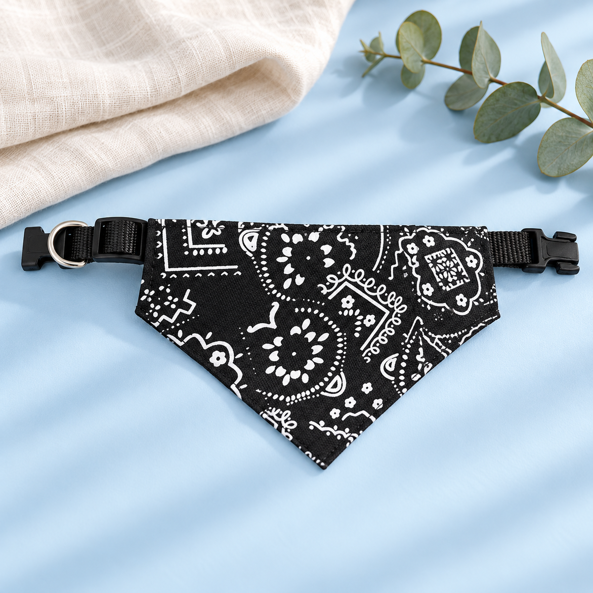 Black paisley bandana collar with buckle and D-ring