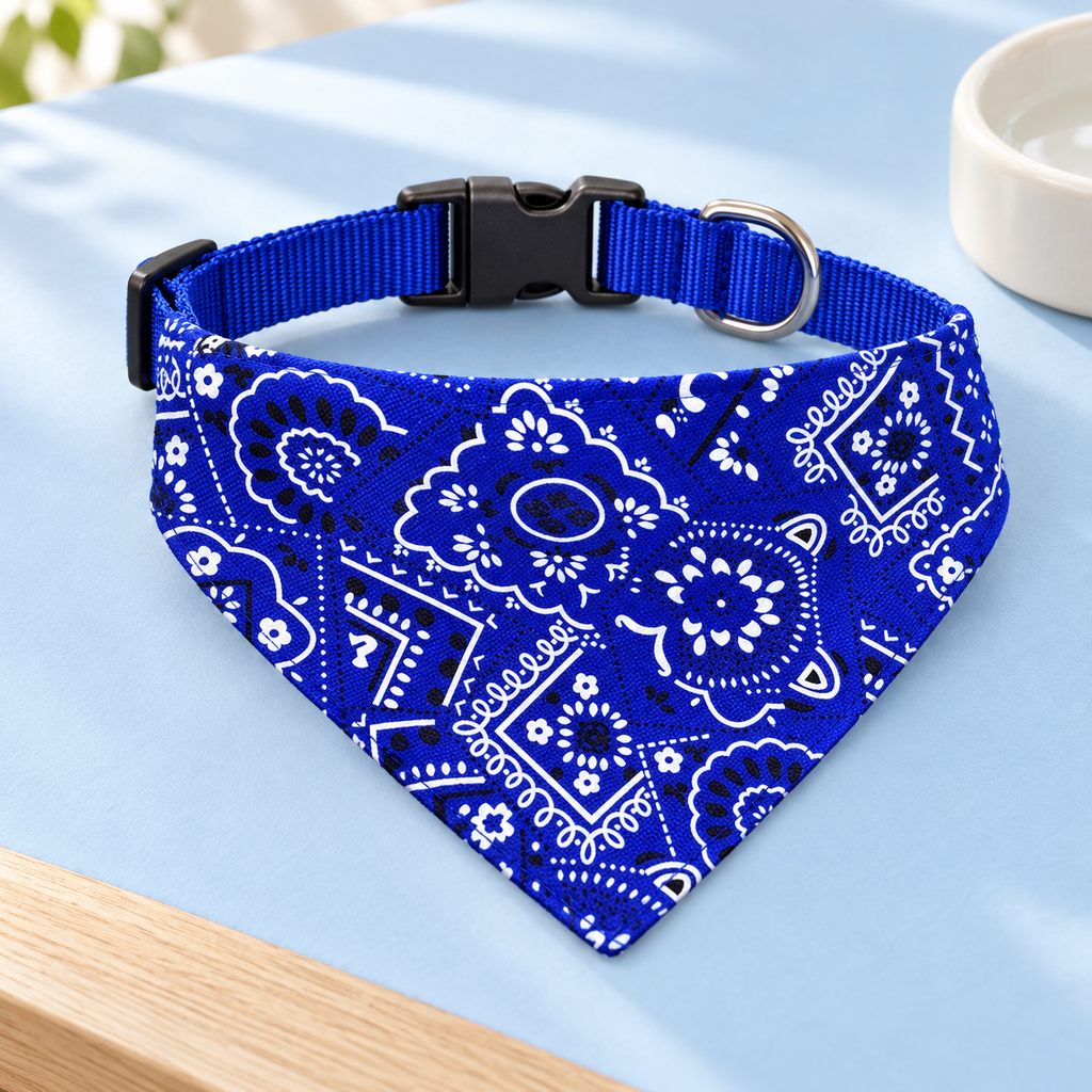Blue paisley bandana collar with buckle and D-ring