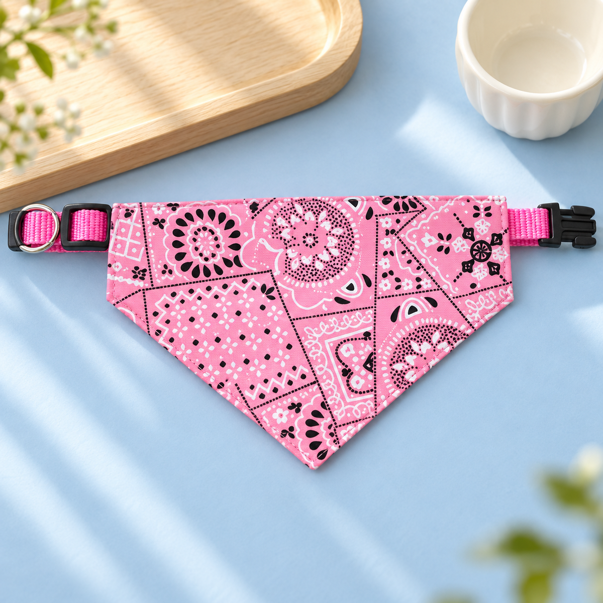 Pink paisley bandana collar with buckle and D-ring